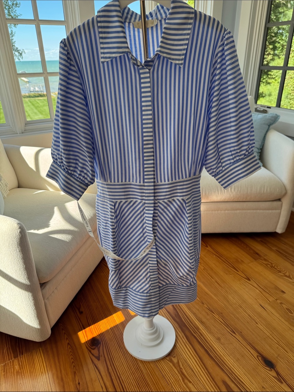 Striped Short-Sleeve Mini Dress in Blue and White